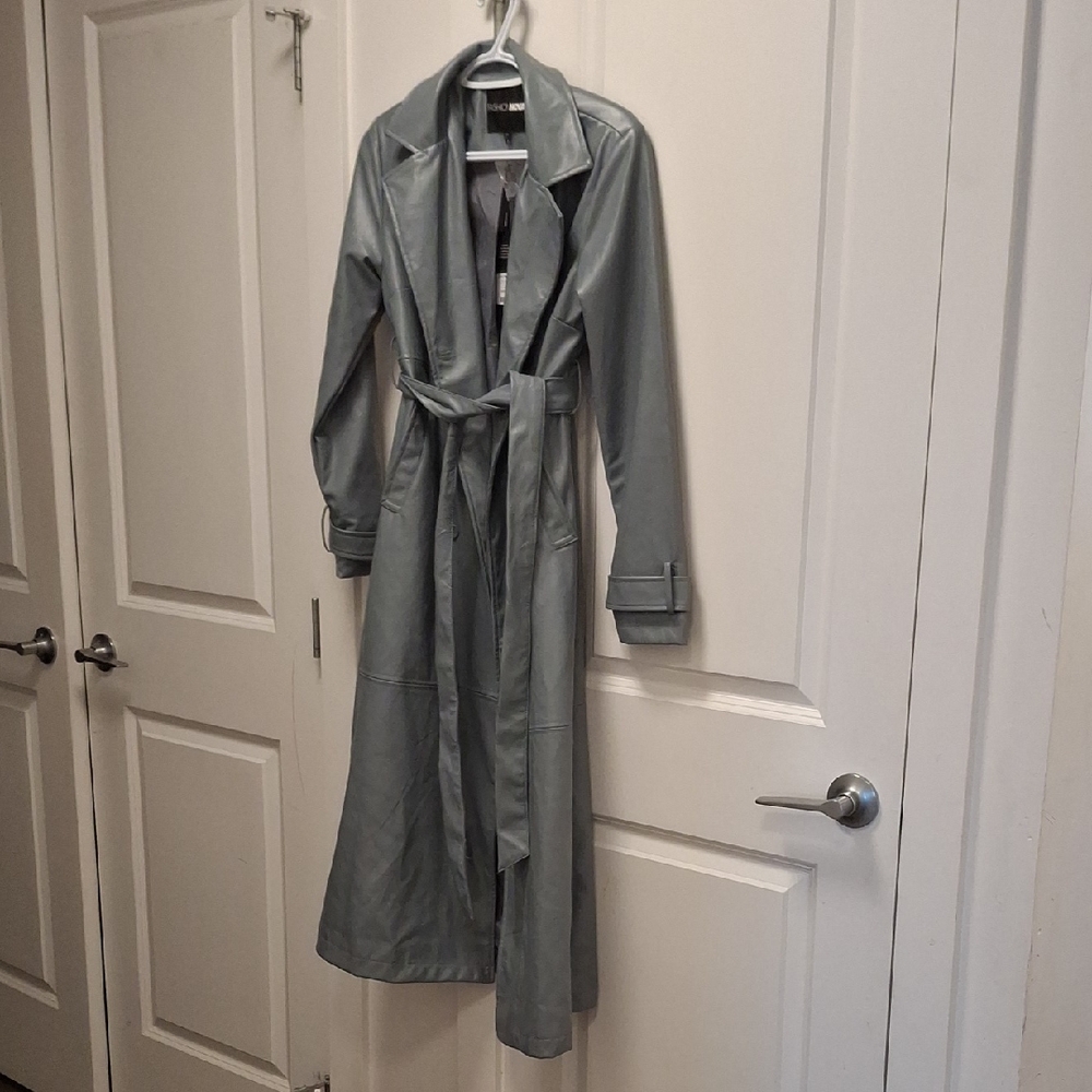 Fashion Nova Long Belted Faux Leather Trench Coat - Light Gray